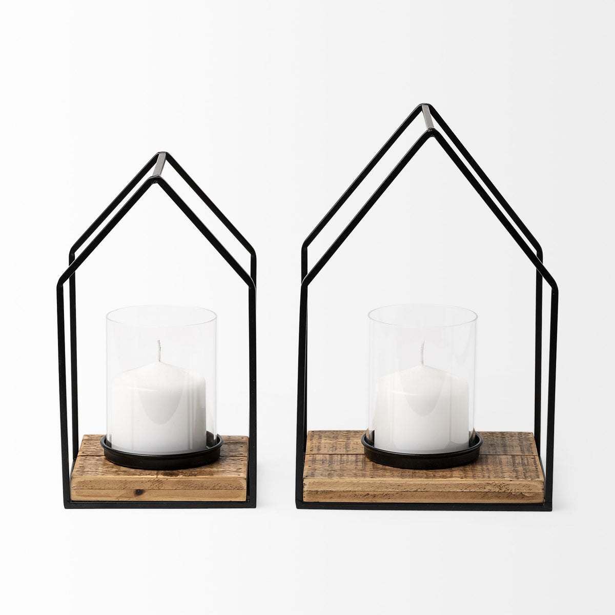 Leopold Black Metal Wooden Base Table Candle Holders (Set of 2) - Ornate Home