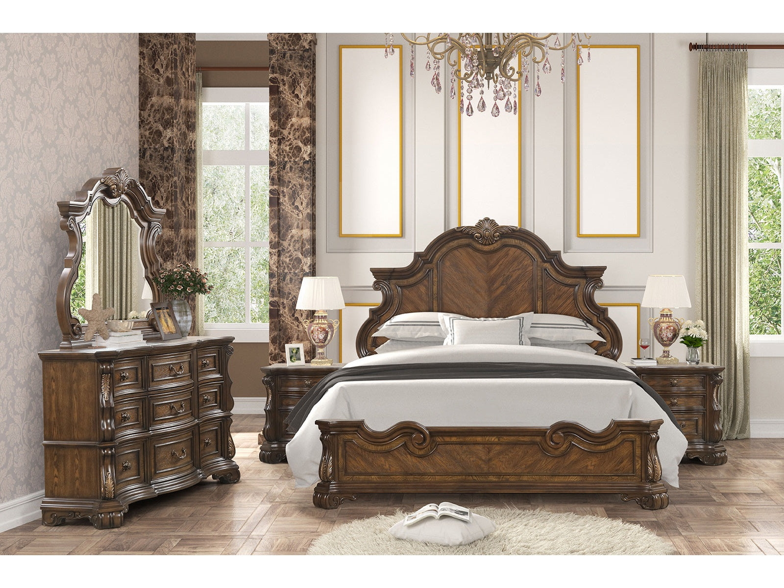 Leovanni Dark Brown Queen 5 Piece Bedroom Set w/2 Nightstands - Ornate Home