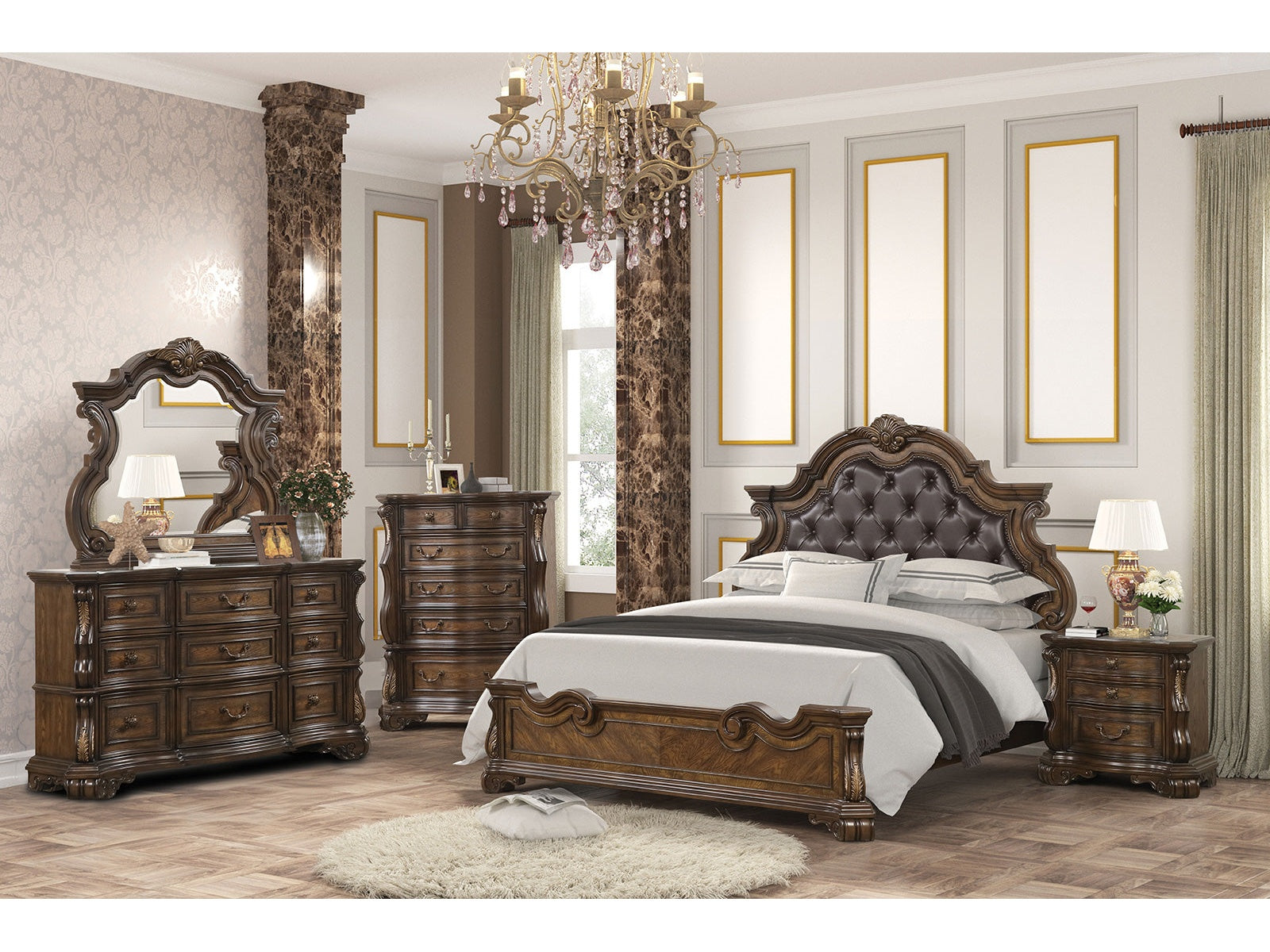 Leovanni Dark Brown Queen Full 4 Piece Bedroom Set - Ornate Home