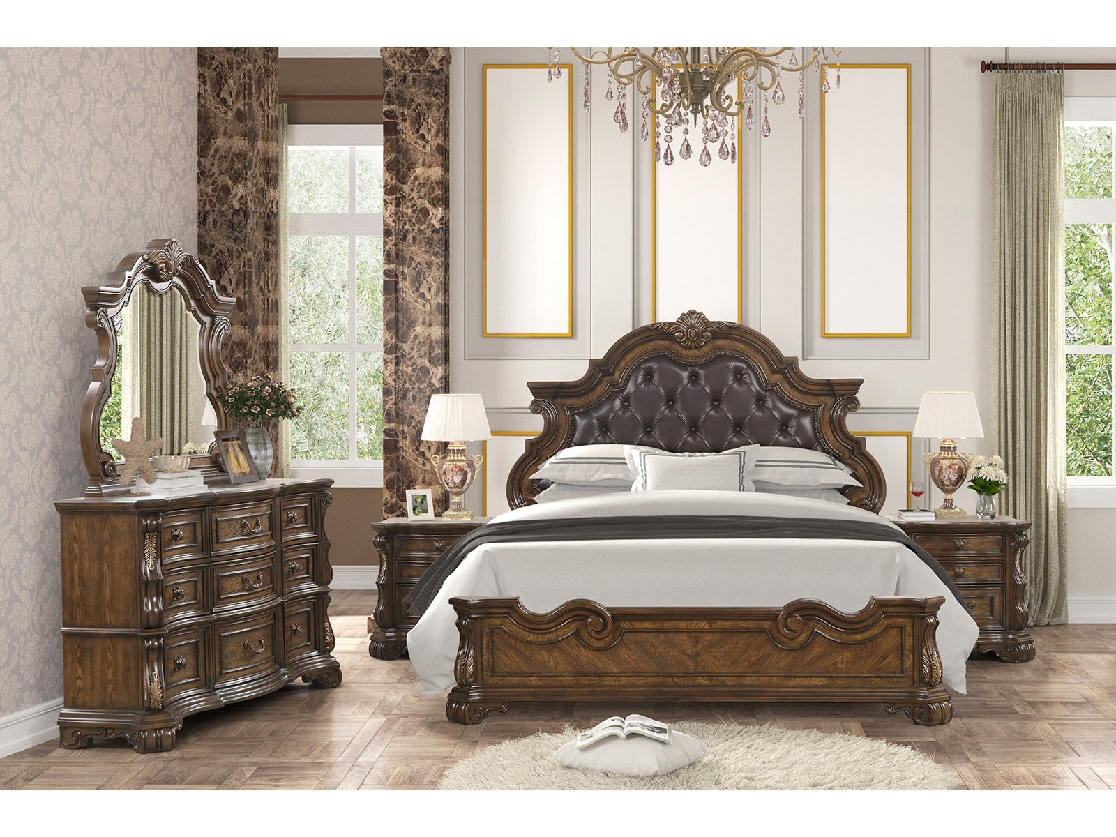 Leovanni Dark Brown Queen Full 5 Piece Bedroom Set w/2 Nightstands - Ornate Home