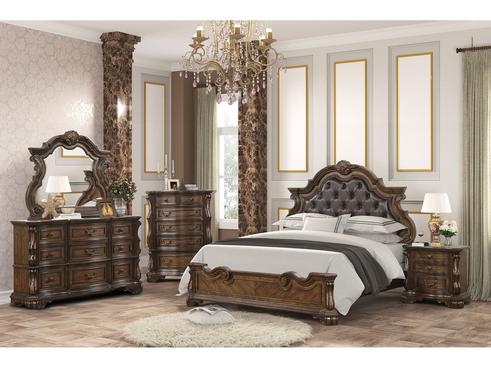 Leovanni Dark Brown Queen Full 5 Piece Bedroom Set w/Chest - Ornate Home