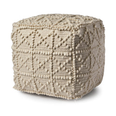 Leroy Cream Square Wool Pouf with Popcorn Detail