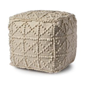 Leroy Cream Square Wool Pouf with Popcorn Detail - Ornate Home