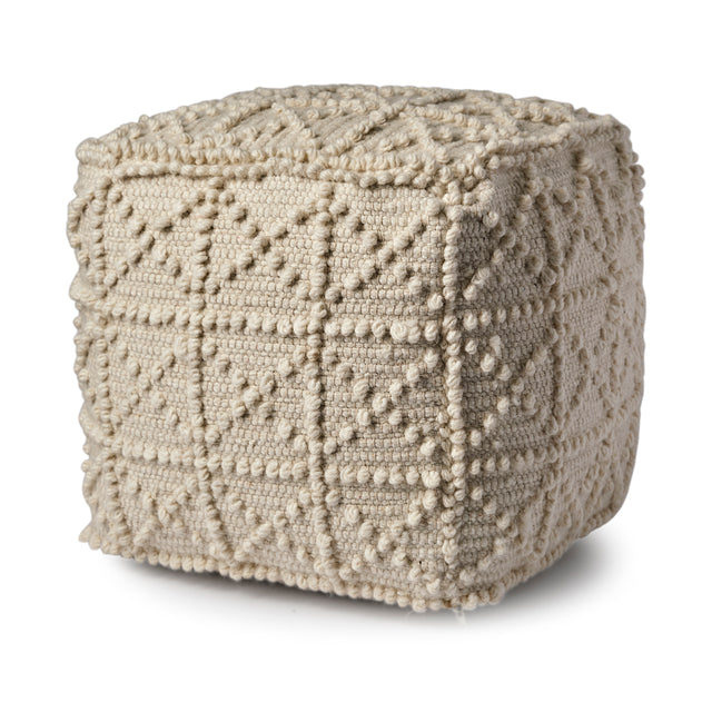 Leroy Cream Square Wool Pouf with Popcorn Detail - Ornate Home