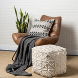 Leroy Cream Square Wool Pouf with Popcorn Detail - Ornate Home