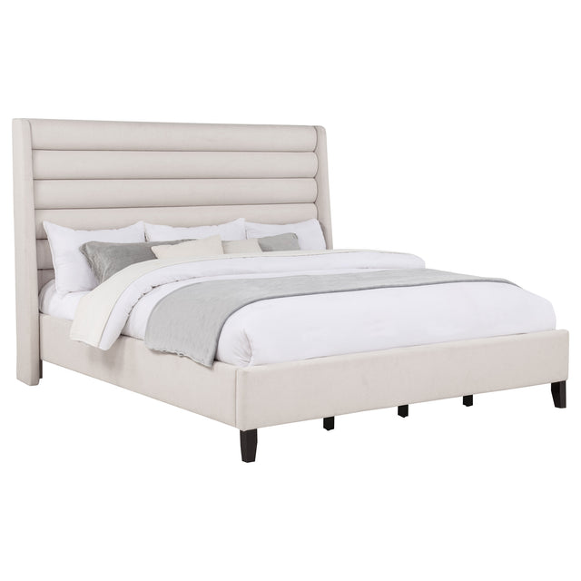 Leslie Beige Upholstered Tufted Eastern King Wingback Platform Bed - Ornate Home