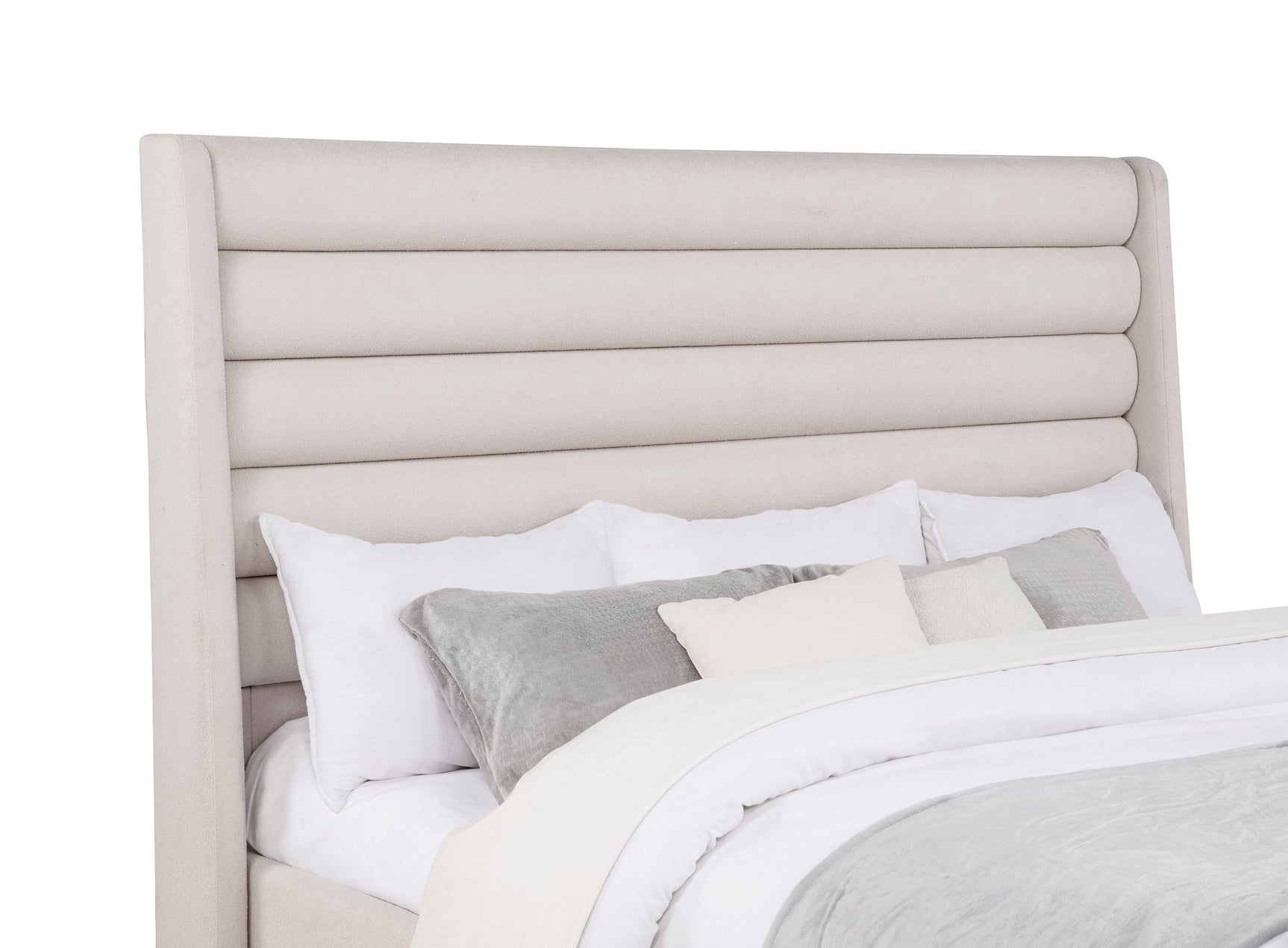 Leslie Beige Upholstered Tufted Eastern King Wingback Platform Bed - Ornate Home