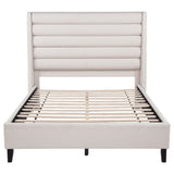Leslie Beige Upholstered Tufted Queen Wingback Platform Bed - Ornate Home