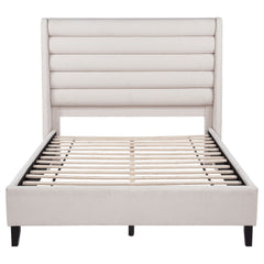 Leslie Beige Upholstered Tufted Queen Wingback Platform Bed - Ornate Home