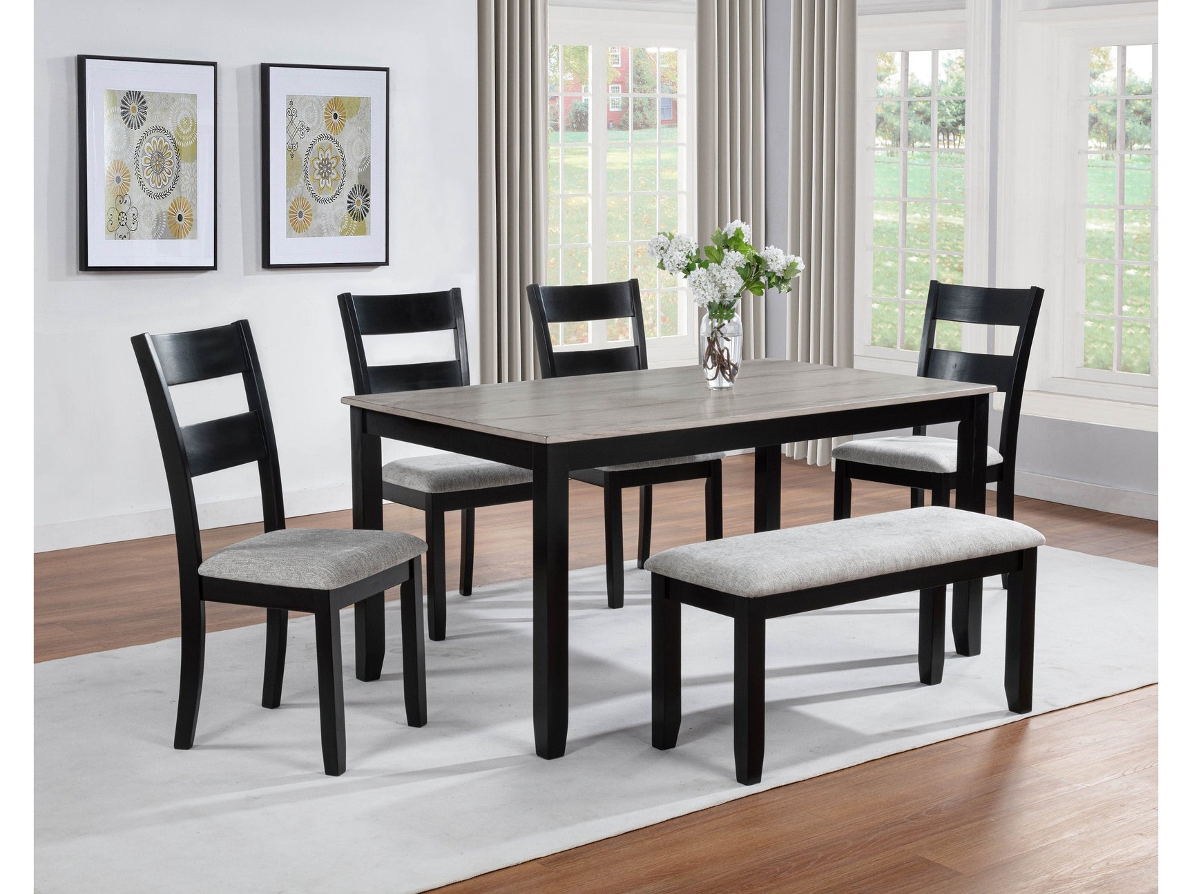 Lester Light Grey 6-Piece Dining Set w/ Bench - Ornate Home