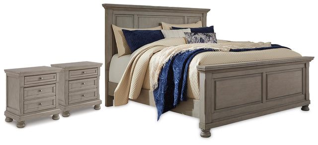 Lettner Light Gray California King Panel Bed and 2 Nightstands - Ornate Home