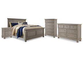 Lettner Light Gray California King Panel Bedroom Set with Dresser, Chest and 2 Nightstands (Online Special Price) - Ornate Home