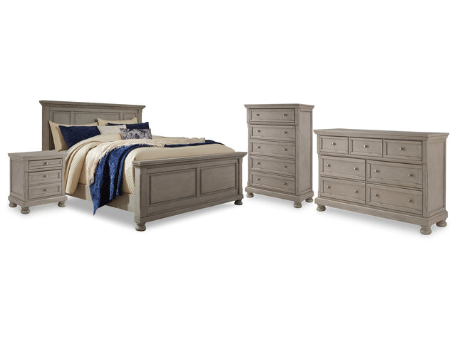Lettner Light Gray California King Panel Bedroom Set with Dresser, Chest and 2 Nightstands (Online Special Price) - Ornate Home