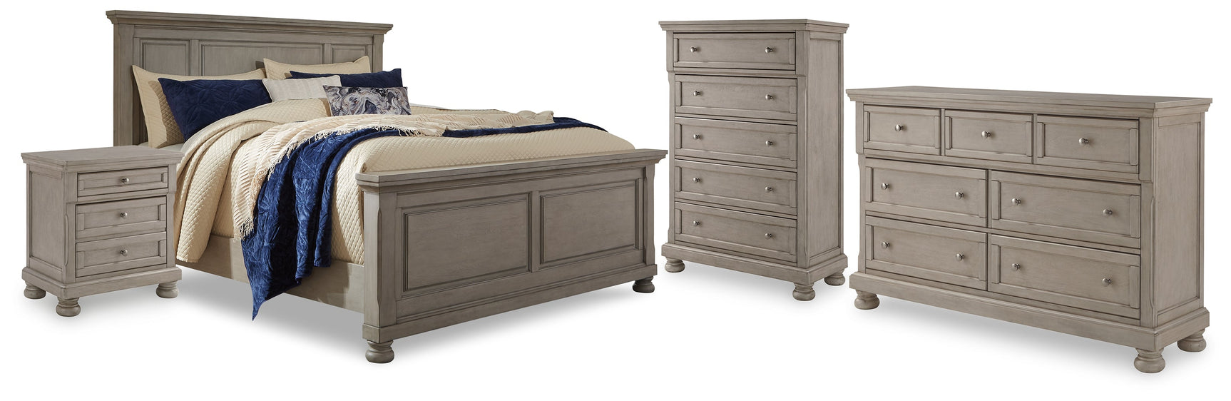 Lettner Light Gray California King Panel Bedroom Set with Dresser, Chest and 2 Nightstands (Online Special Price) - Ornate Home