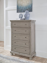 Lettner Light Gray California King Panel Bedroom Set with Dresser, Chest and 2 Nightstands - Ornate Home