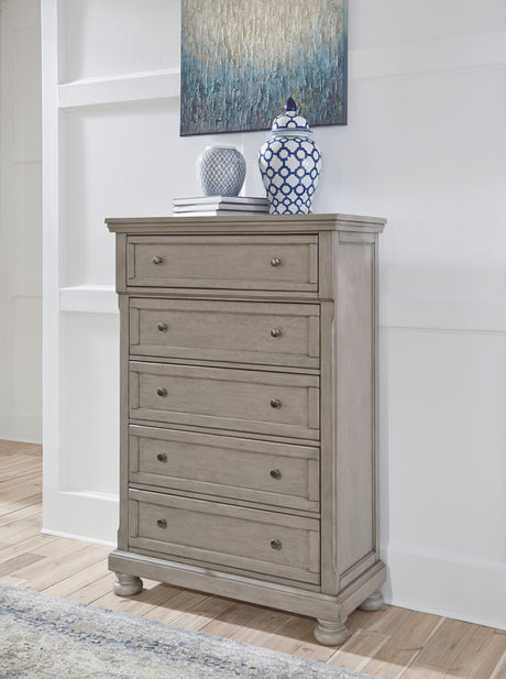 Lettner Light Gray King Panel Bedroom Set with Dresser, Mirror, Chest and 2 Nightstands - Ornate Home