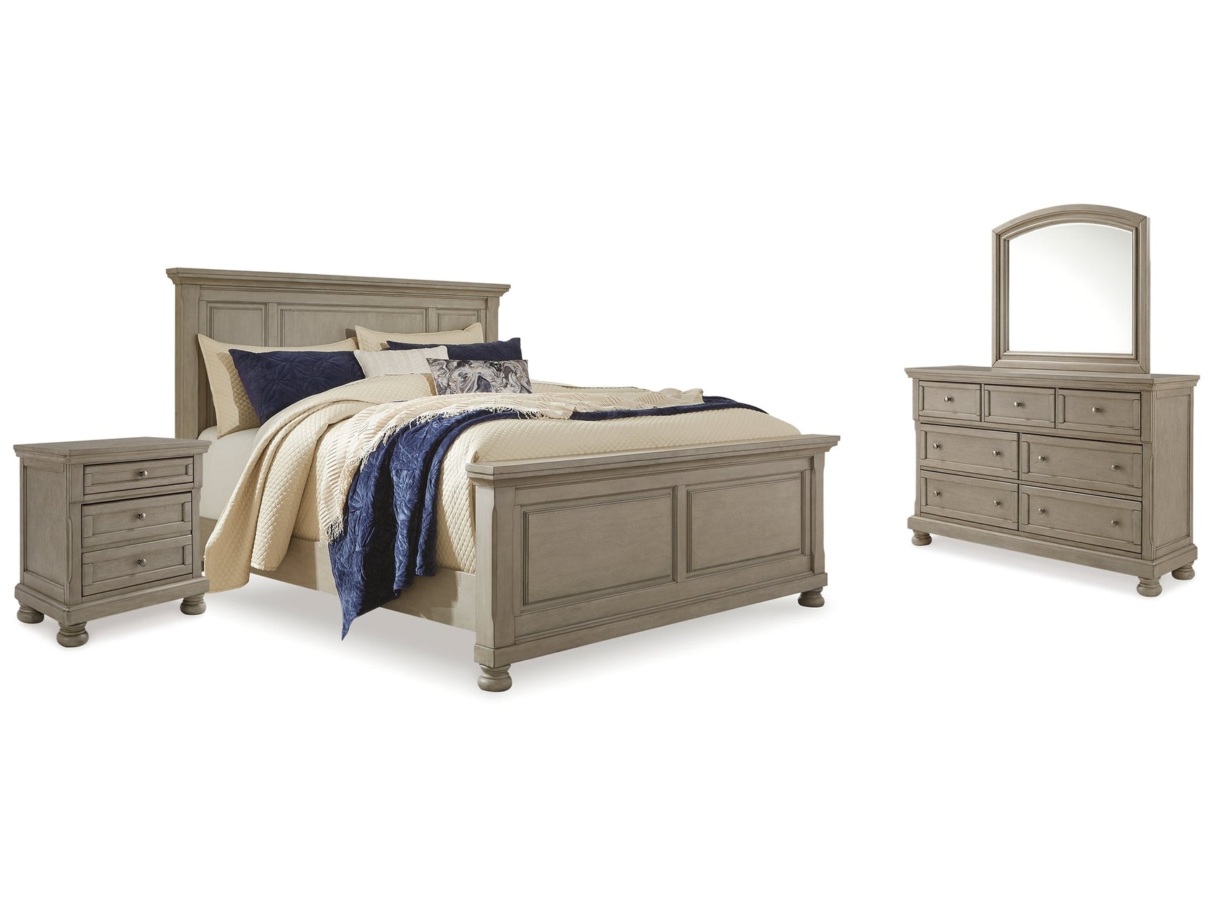 Lettner Light Gray King Panel Bedroom Set with Dresser, Mirror and 2 Nightstands (Online Special Price) - Ornate Home