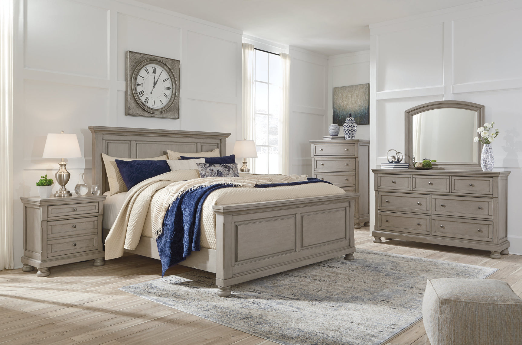 Lettner Light Gray King Panel Bedroom Set with Dresser, Mirror and 2 Nightstands - Ornate Home