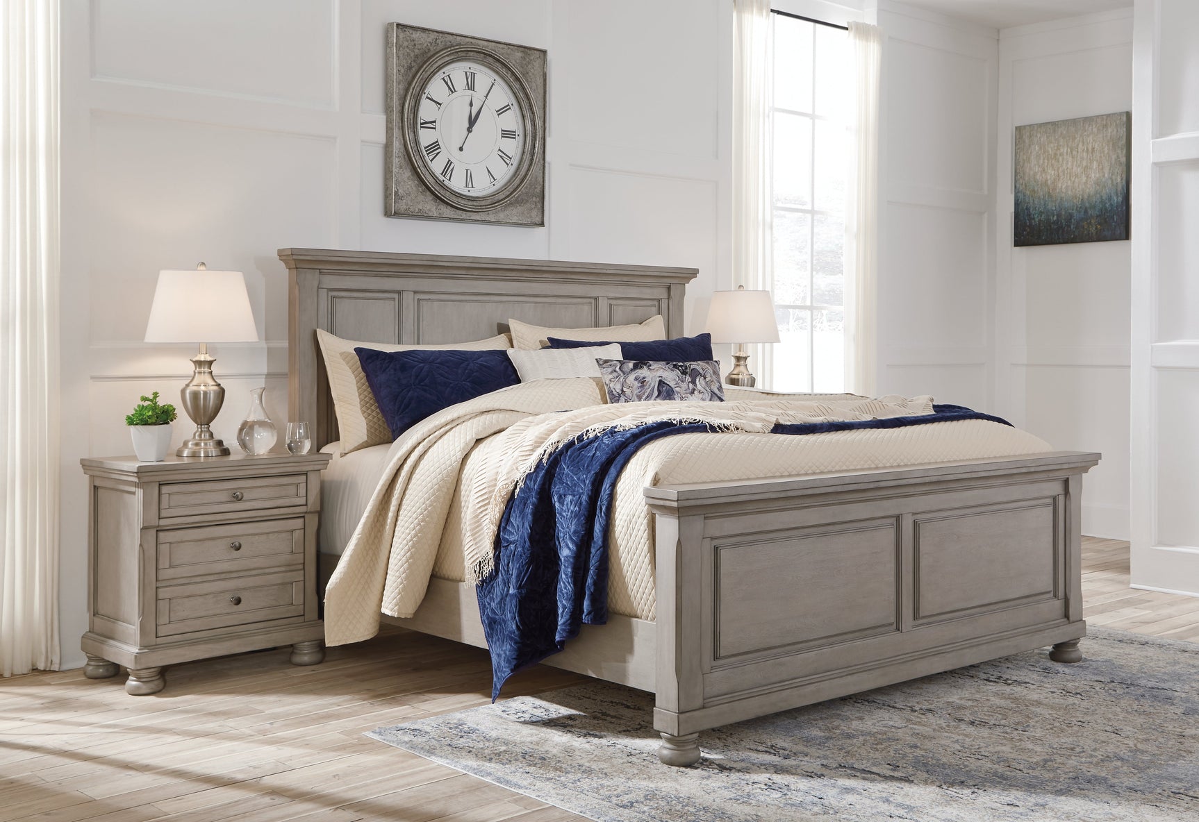 Lettner Light Gray King Panel Bedroom Set with Dresser, Mirror and 2 Nightstands - Ornate Home