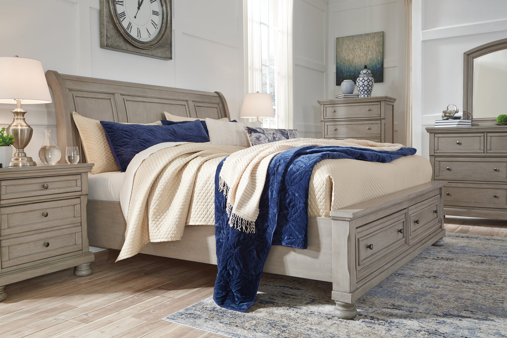 Lettner Light Gray Queen Sleigh Bed with 2 Storage Drawers - Ornate Home
