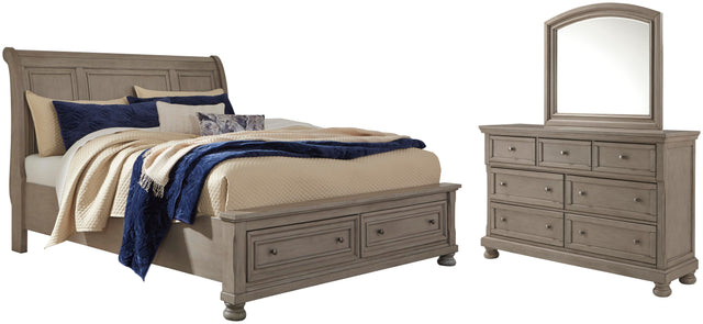 Lettner Light Gray Queen Sleigh Storage Bed, Dresser and Mirror - Ornate Home