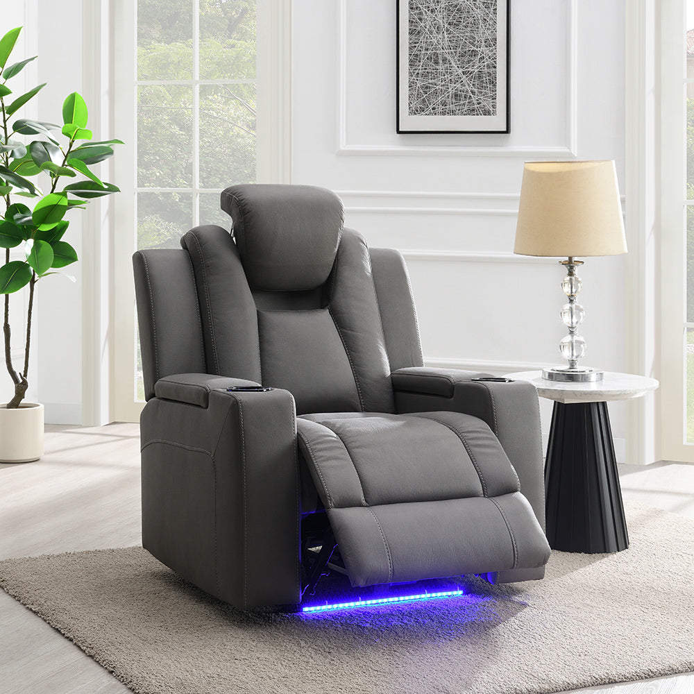 Leuco Gray Power Motion Recliner w/Cup Holder, Control, LED & Power Headrest - Ornate Home