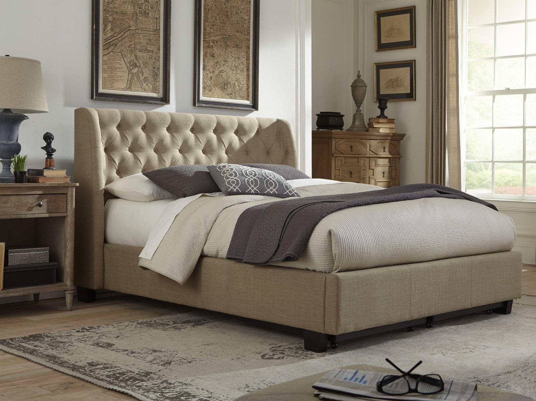 Levi Tufted Footboard Storage Bed in Toast Linen - Ornate Home
