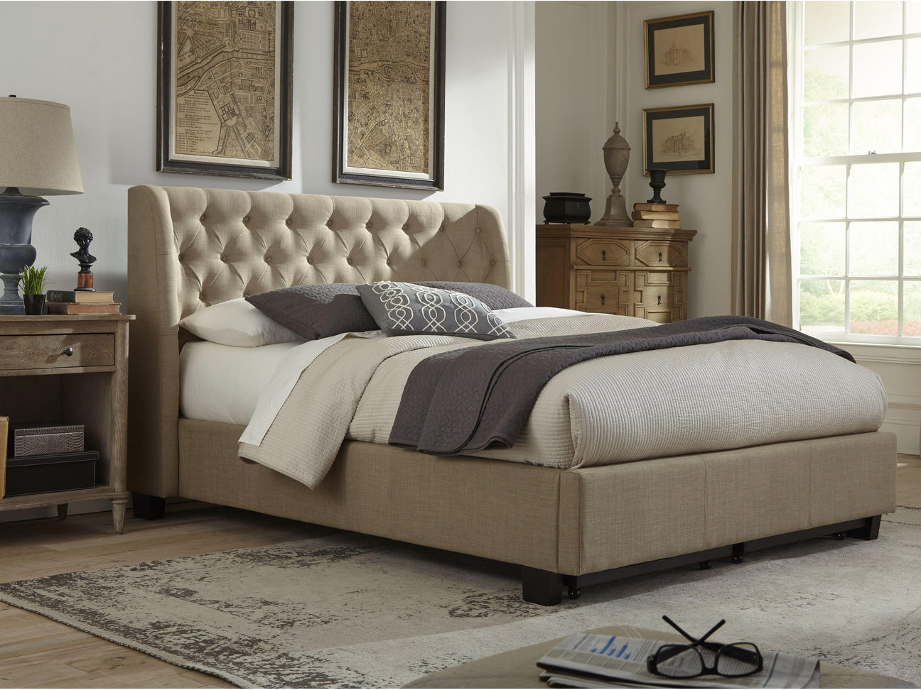 Levi Tufted Platform Bed in Toast Linen - Ornate Home