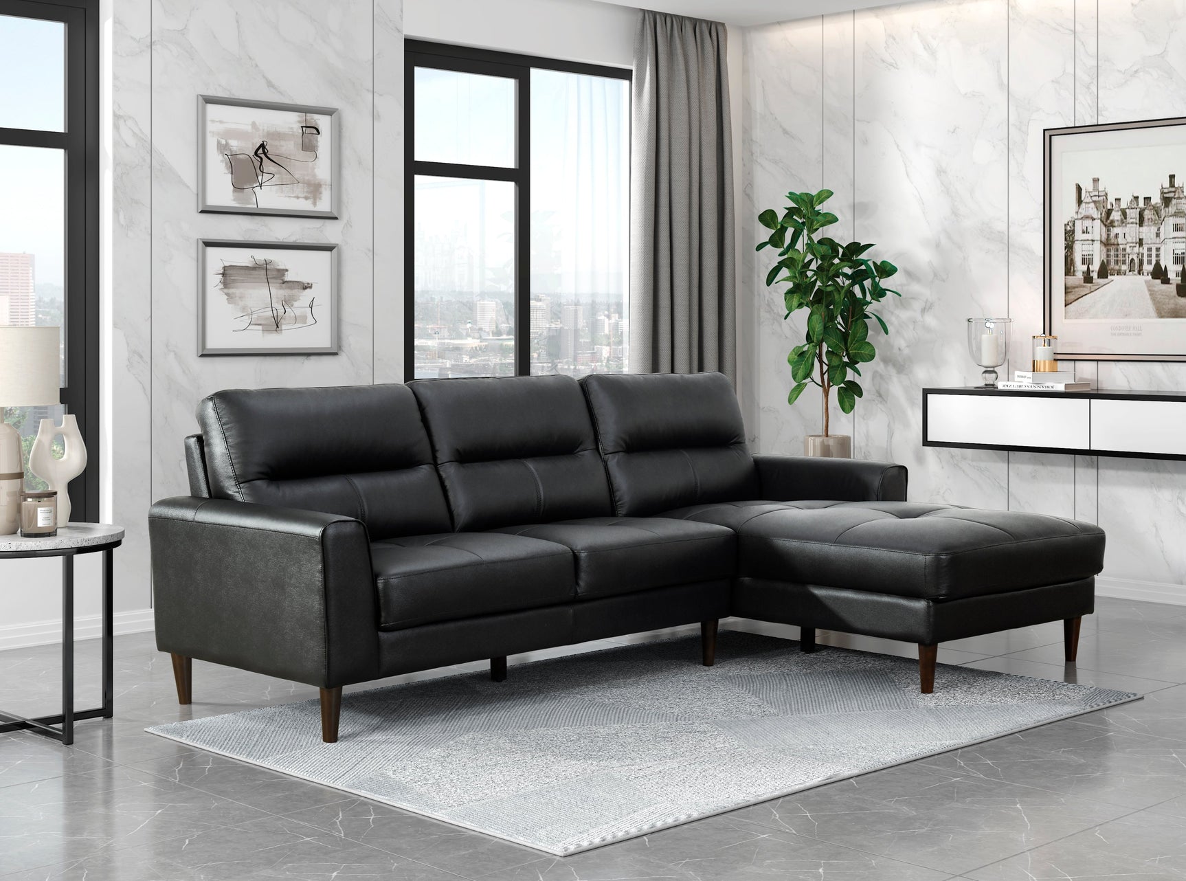 Lewes Black 2-Piece Sectional with Right Chaise - Ornate Home