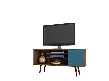Liberty 53.14" Mid-Century Modern TV Stand in Rustic Brown and Aqua Blue - Ornate Home