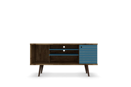 Liberty 53.14" Mid-Century Modern TV Stand in Rustic Brown and Aqua Blue - Ornate Home