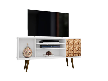 Liberty 53.14" Mid-Century Modern TV Stand in White and 3D Brown Prints - Ornate Home