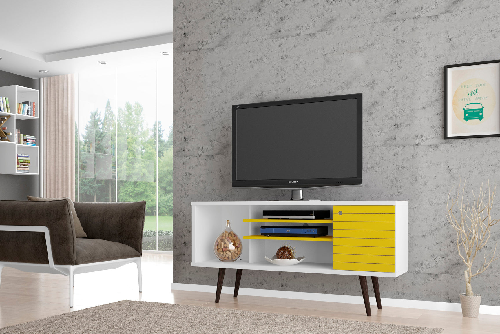 Liberty 53.14" Mid-Century Modern TV Stand in White and Yellow - Ornate Home