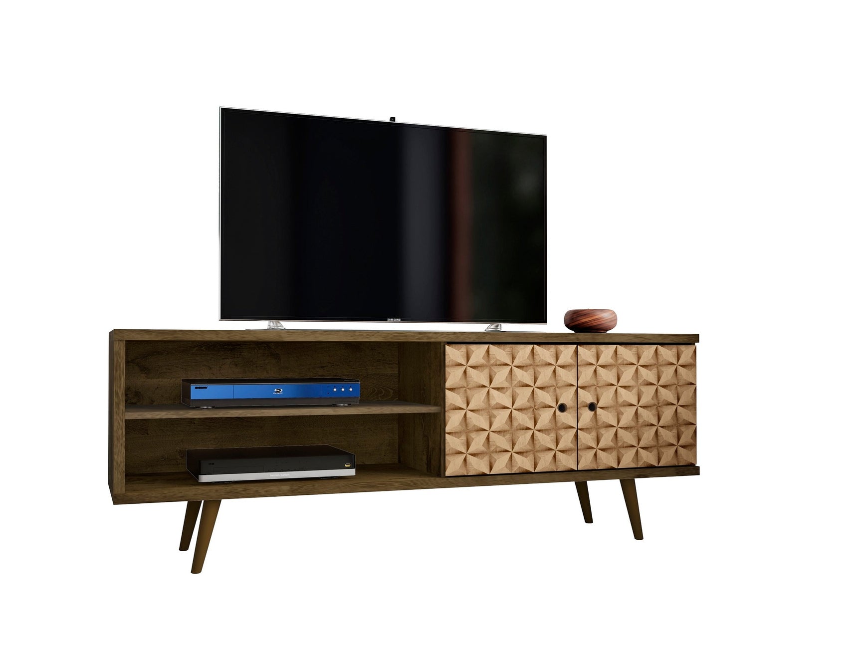 Liberty 62.99" Mid-Century Modern TV Stand in Rustic Brown and 3D Brown Prints - Ornate Home