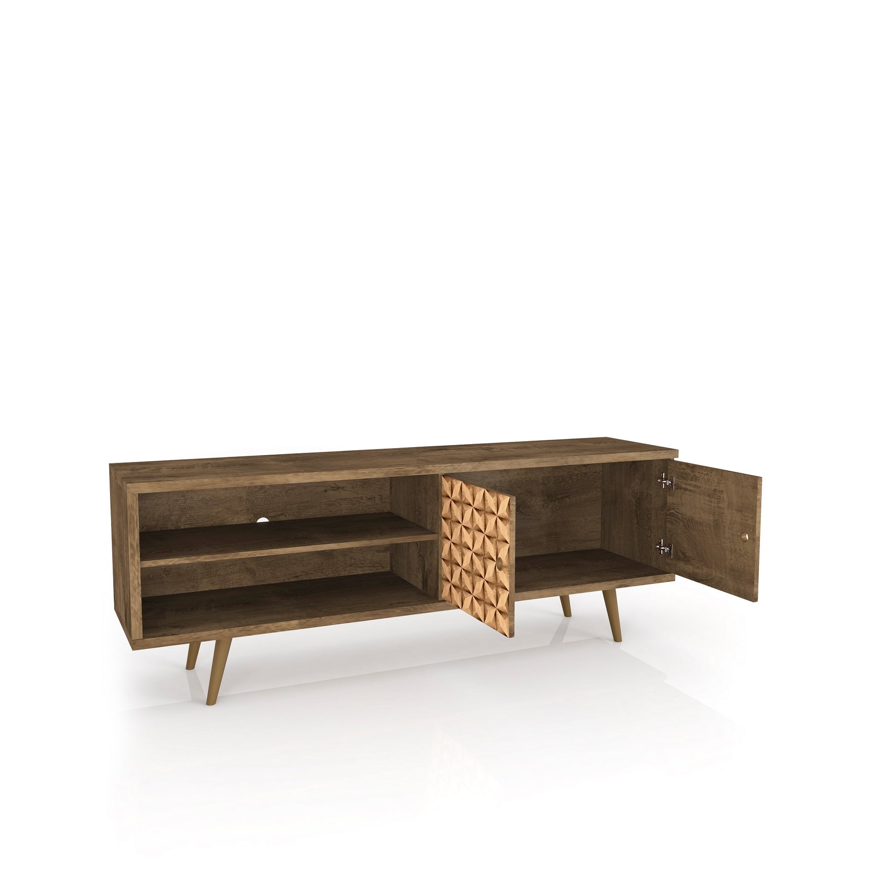 Liberty 62.99" Mid-Century Modern TV Stand in Rustic Brown and 3D Brown Prints - Ornate Home