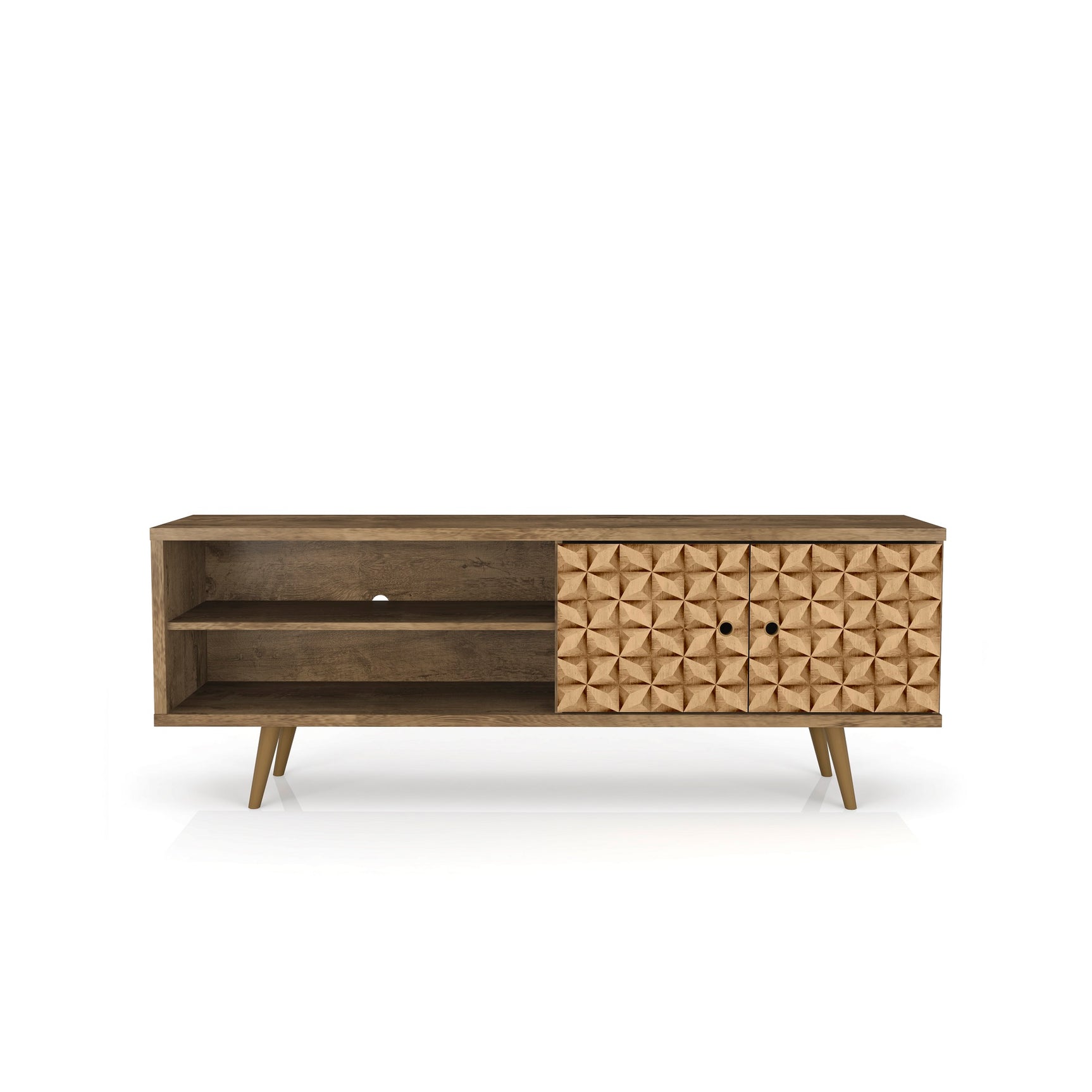 Liberty 62.99" Mid-Century Modern TV Stand in Rustic Brown and 3D Brown Prints - Ornate Home