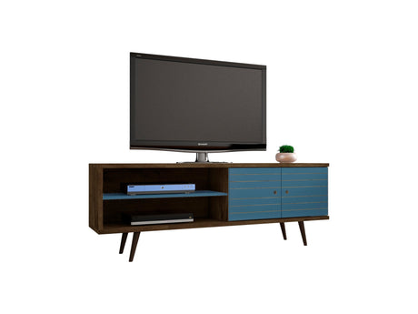 Liberty 62.99" Mid-Century Modern TV Stand in Rustic Brown and Aqua Blue - Ornate Home