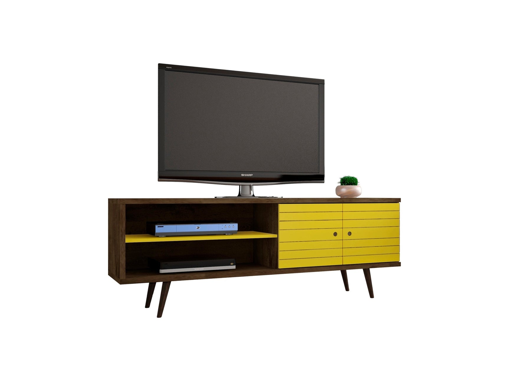 Liberty 62.99" Mid-Century Modern TV Stand in Rustic Brown and Yellow - Ornate Home