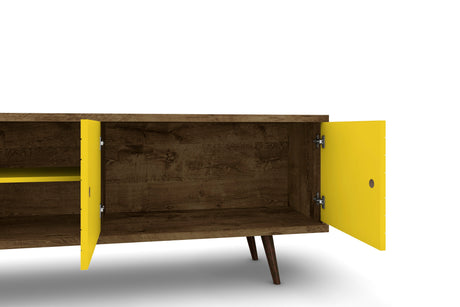 Liberty 62.99" Mid-Century Modern TV Stand in Rustic Brown and Yellow - Ornate Home