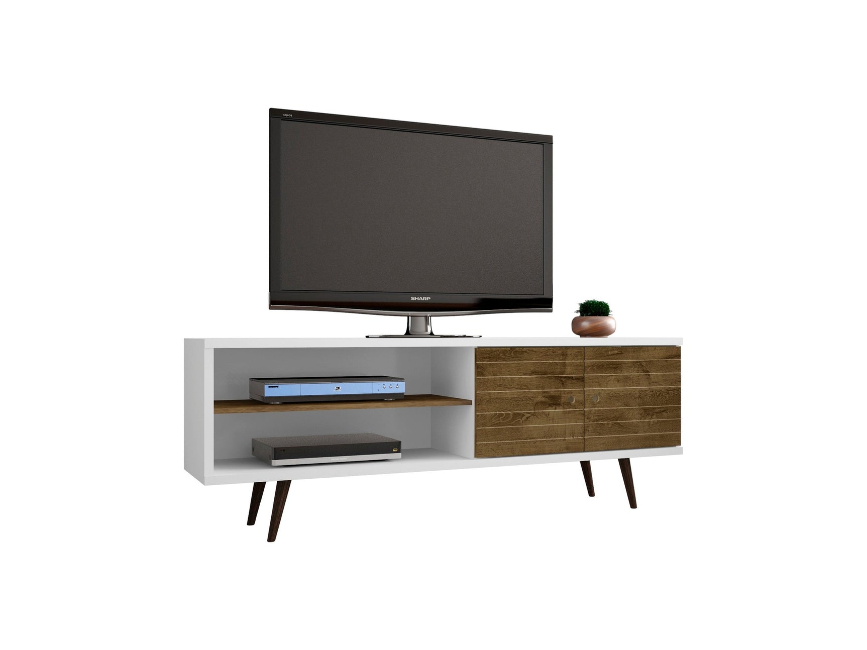 Liberty 62.99" Mid-Century Modern TV Stand in White and Rustic Brown - Ornate Home