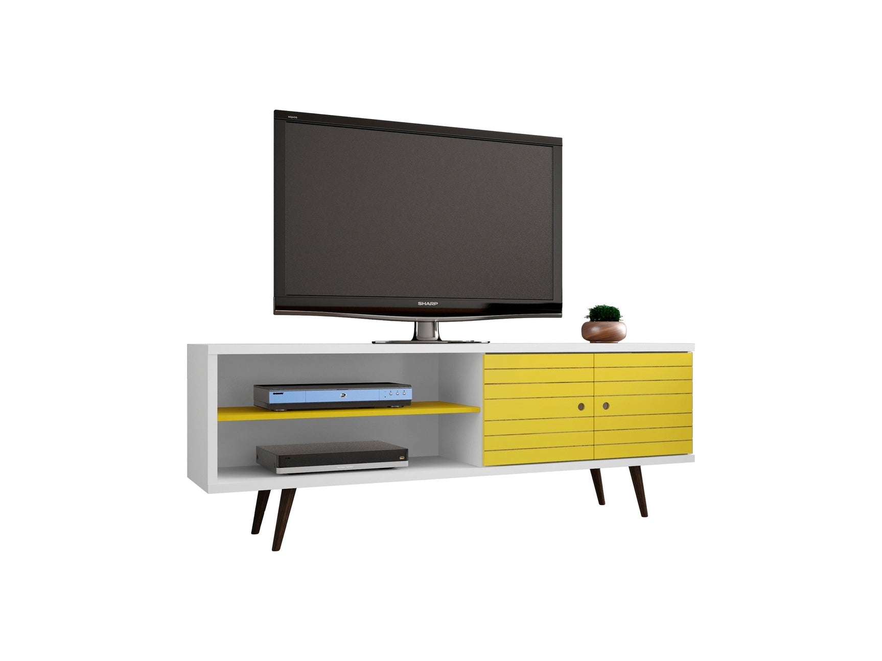 Liberty 62.99" Mid-Century Modern TV Stand in White and Yellow - Ornate Home