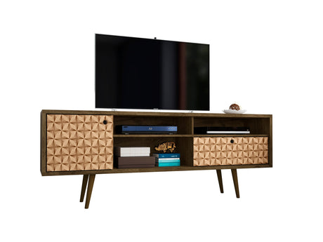 Liberty 70.86" Mid-Century Modern TV Stand in Rustic Brown and 3D Brown Prints - Ornate Home