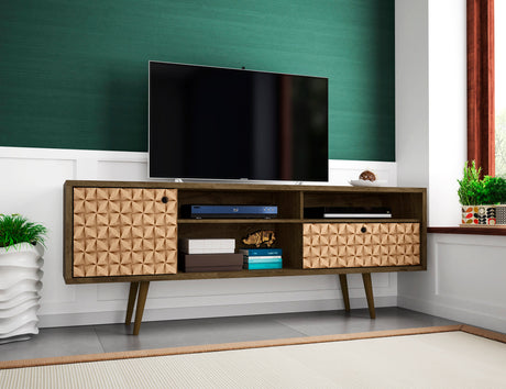 Liberty 70.86" Mid-Century Modern TV Stand in Rustic Brown and 3D Brown Prints - Ornate Home