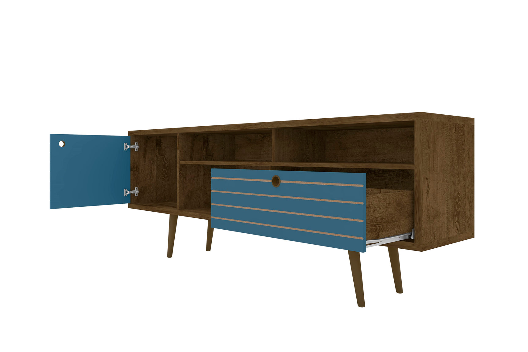 Liberty 70.86" Mid-Century Modern TV Stand in Rustic Brown and Aqua Blue - Ornate Home