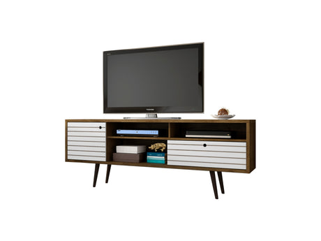 Liberty 70.86" Mid-Century Modern TV Stand in Rustic Brown and White - Ornate Home