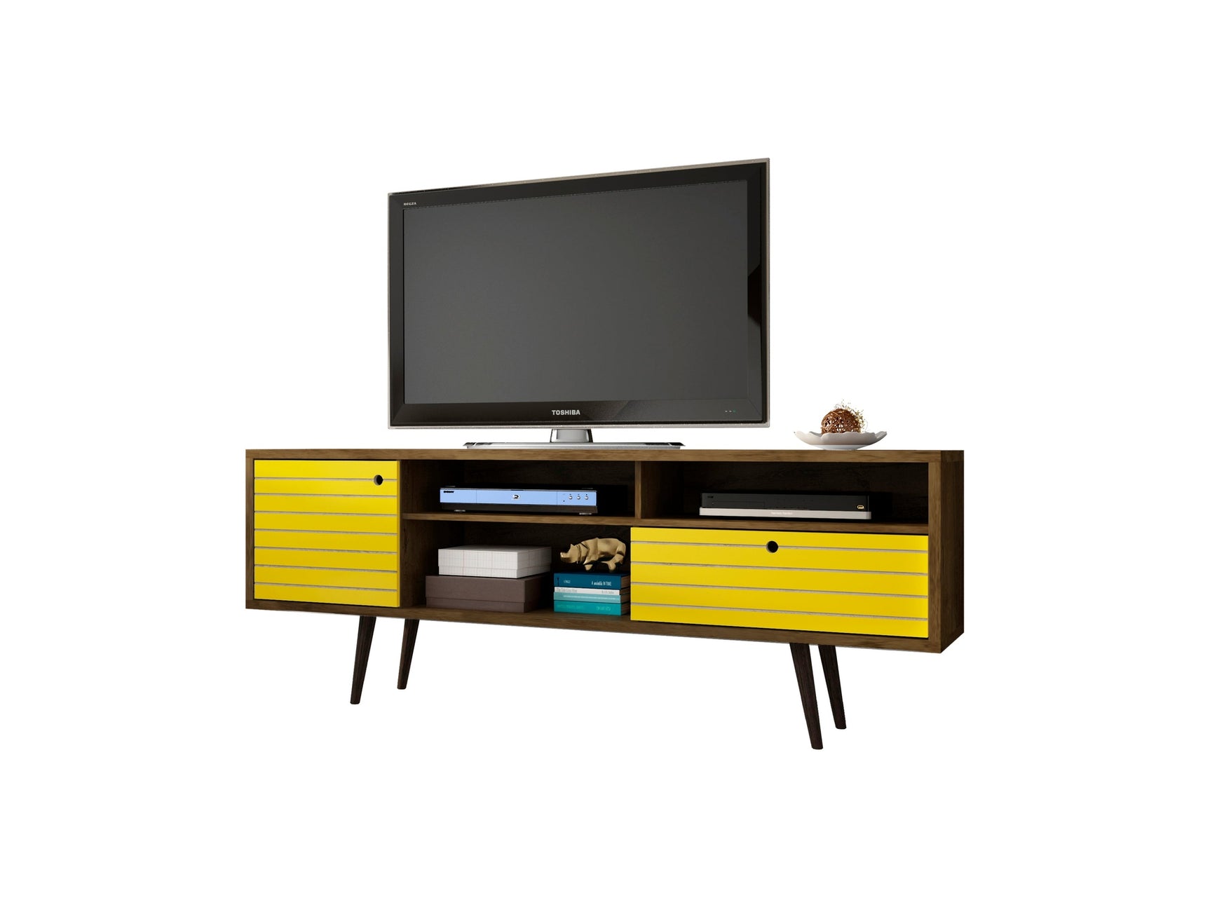 Liberty 70.86" Mid-Century Modern TV Stand in Rustic Brown and Yellow - Ornate Home
