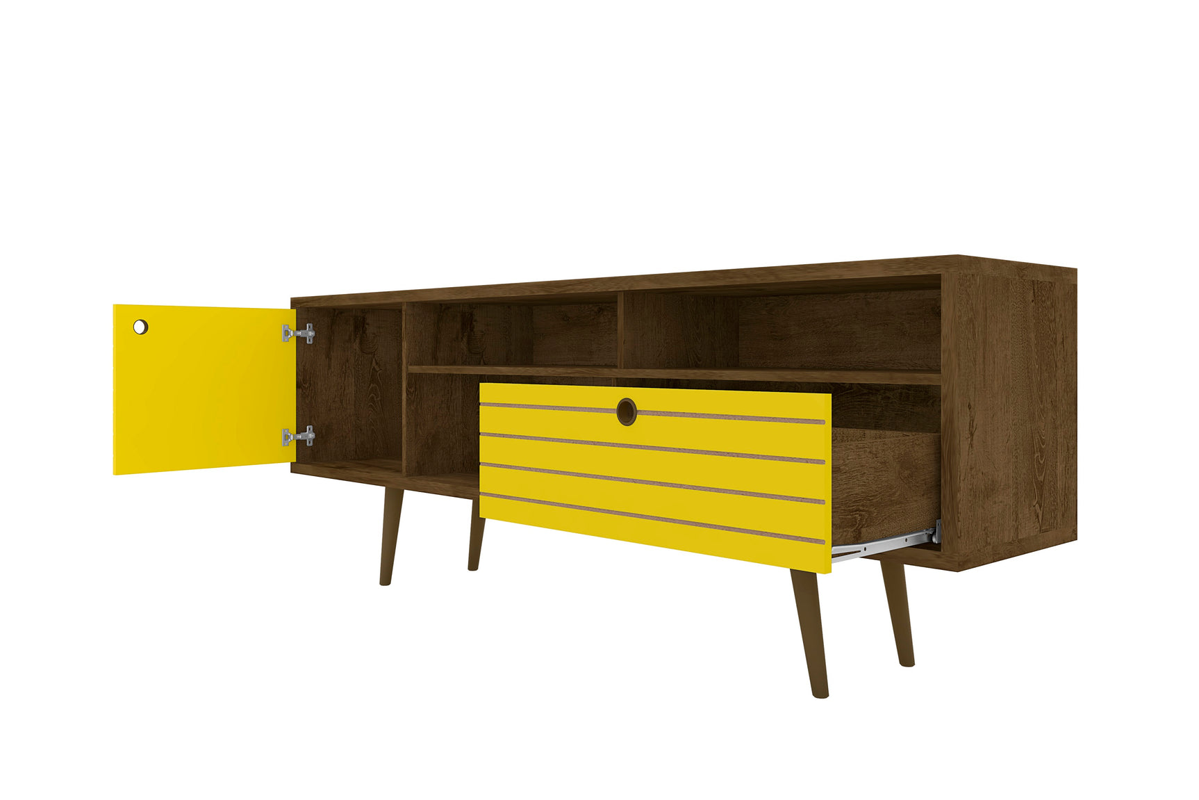 Liberty 70.86" Mid-Century Modern TV Stand in Rustic Brown and Yellow - Ornate Home