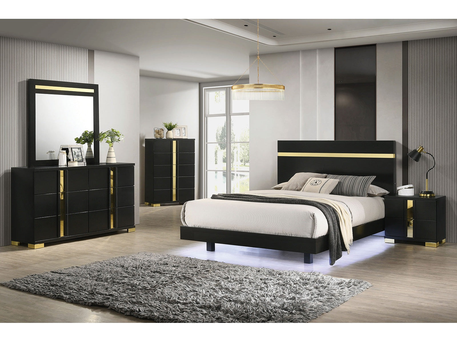 Lillestrom Black/Gold Queen 5 Piece Bedroom Set w/2 Nightstands - Ornate Home