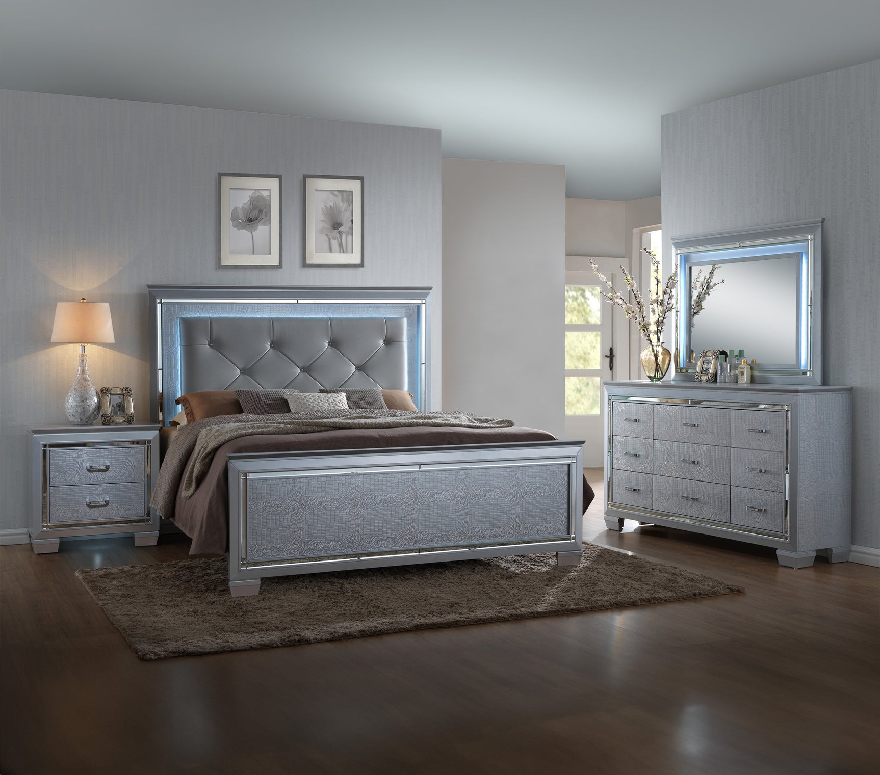 Lillian Silver LED Panel Bedroom Set - Ornate Home