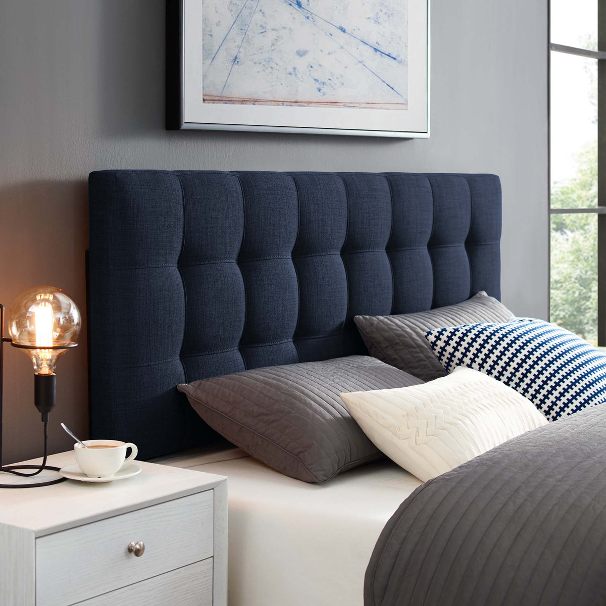 Lily Navy Upholstered Fabric Queen Headboard - Ornate Home